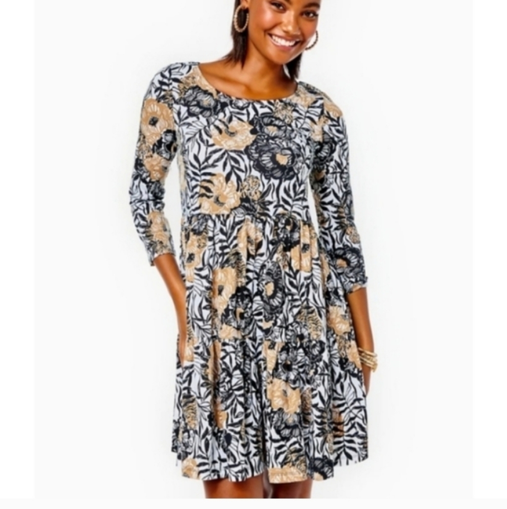 Lilly Pulitzer Geanna Swing Dress Black and Tan Floral Tigers Long Sleeve Dress